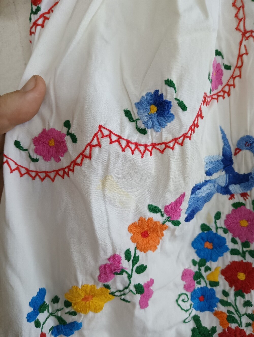 Vintage Hand Embroidered Mexican Dress Traditional Puebla Colorful Maxi Red Blue - Picture 11 of 14